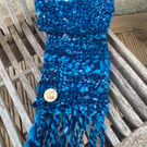 Handspun and woven shades of blue and turquoise art scarf