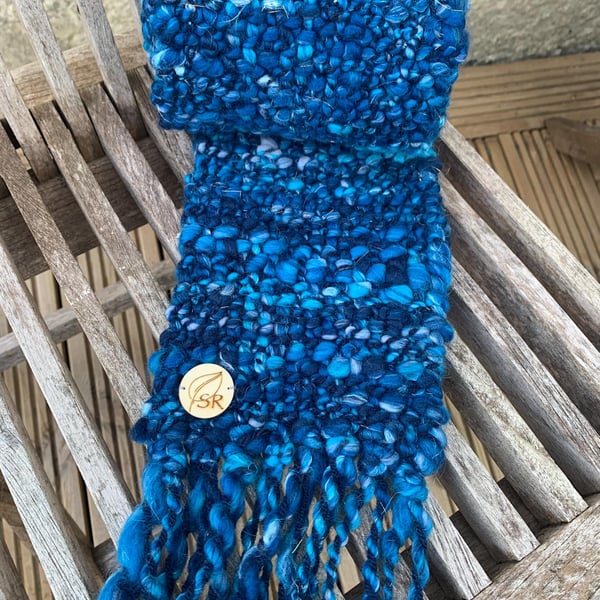 Handspun and woven shades of blue and turquoise art scarf