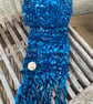 Handspun and woven shades of blue and turquoise art scarf