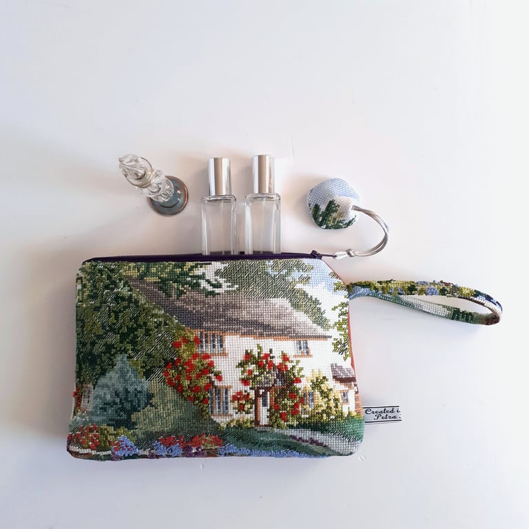 Make up bag clutch bag upcycled from a vintage cottage garden scene embroidery