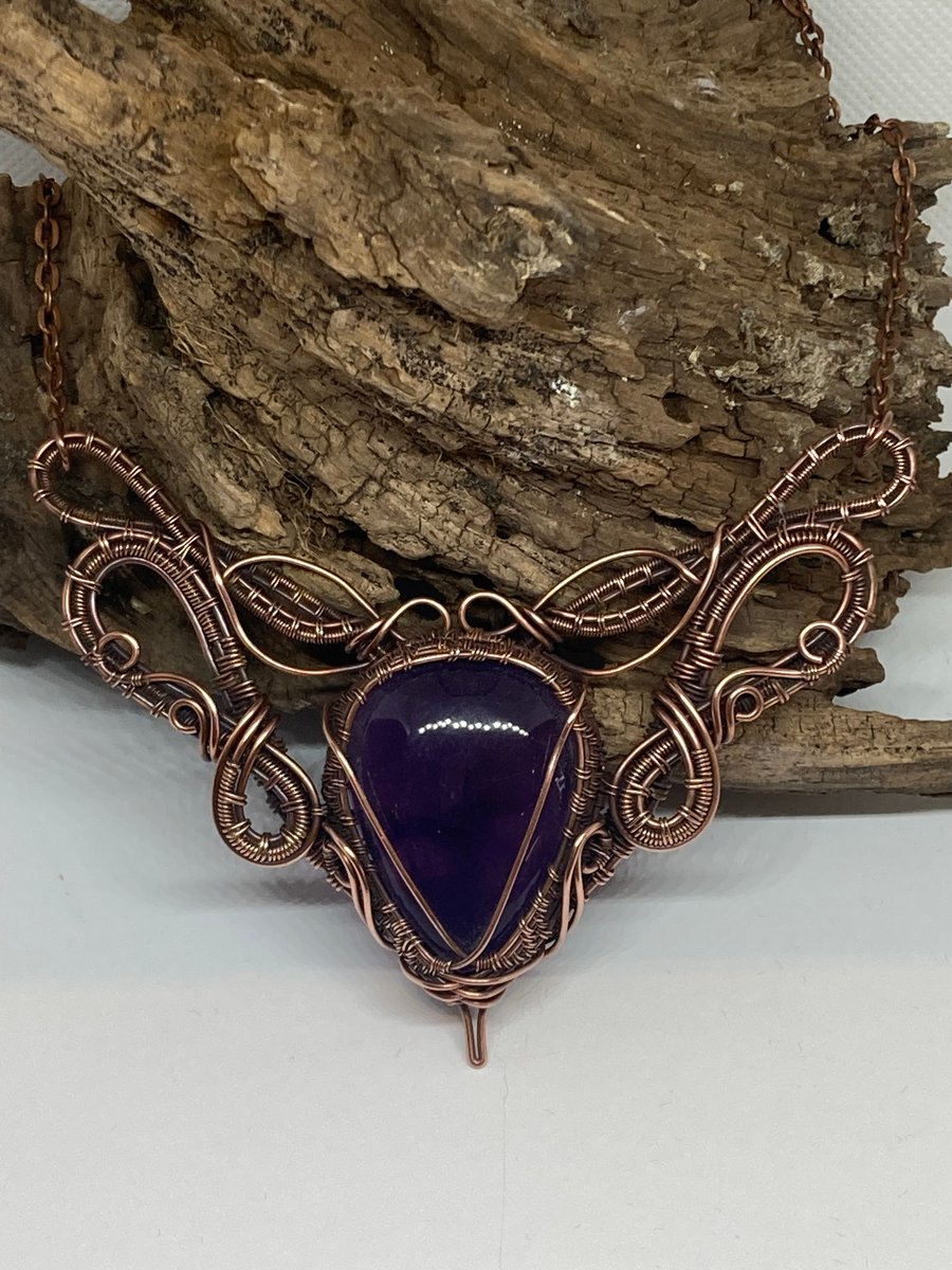 Victorian Gothic style copper wire weave and amethyst necklace 