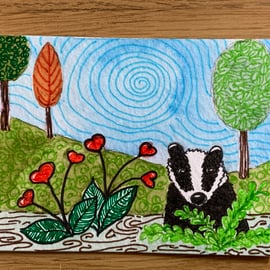 Mixed media  painting of a Badger ACEO - free UK postage 