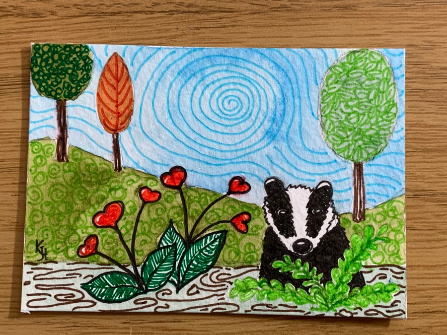 Mixed media  painting of a Badger ACEO - free UK postage 