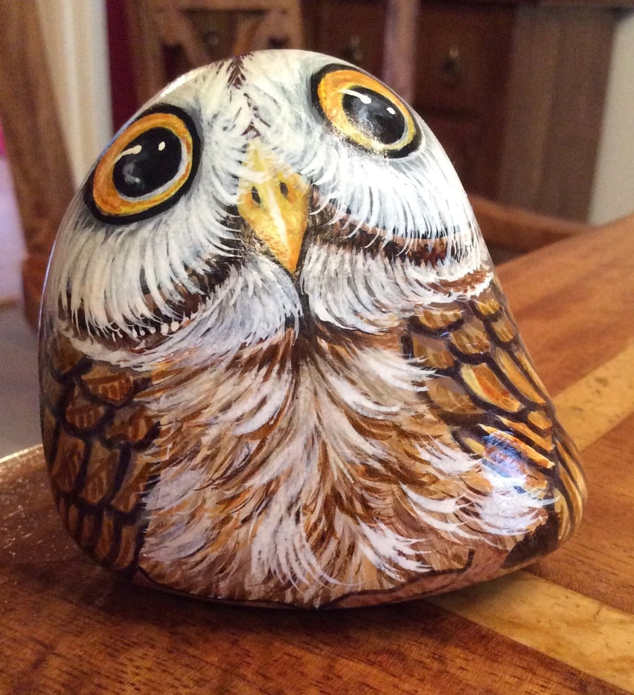 Owl hand painted on stone 