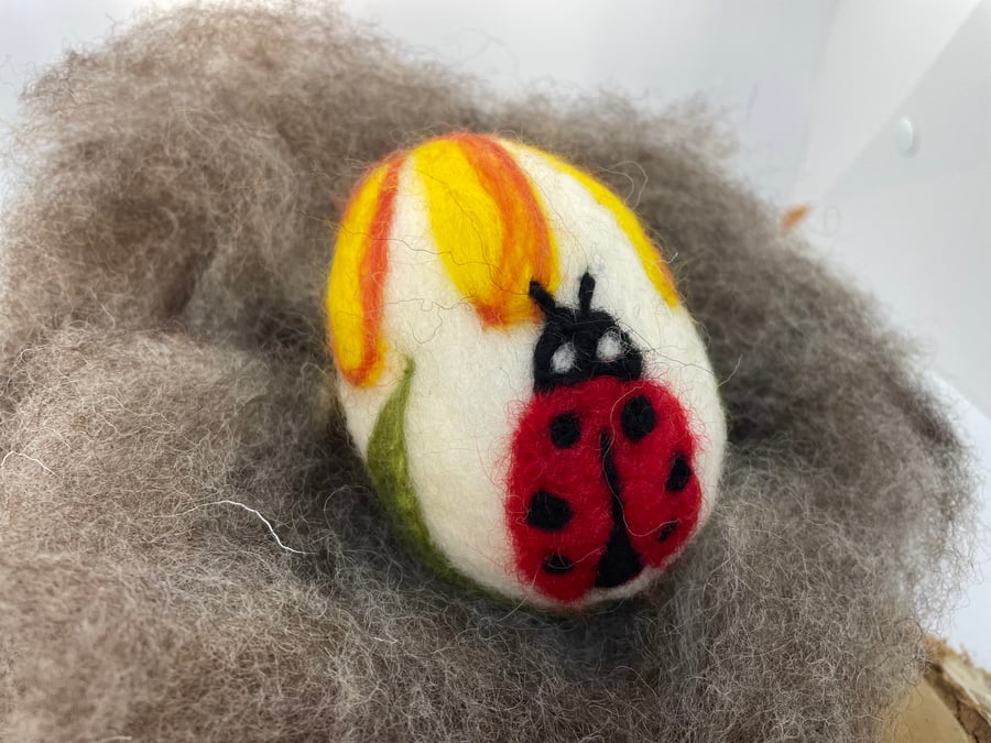 Felted Easter Egg, Needle Felt Easter Decoration, Ladybird and flower