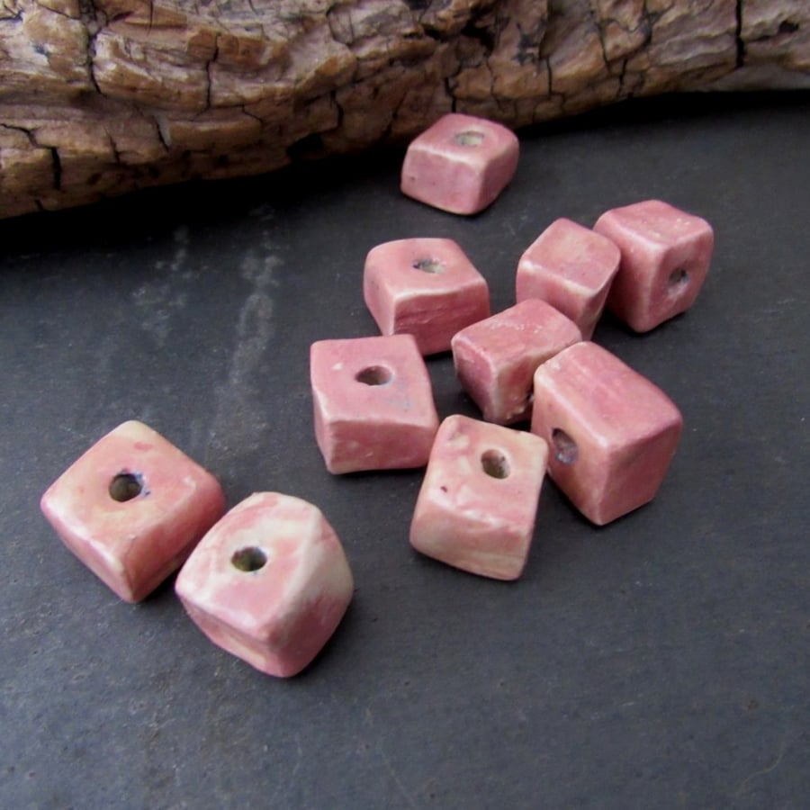 10 Small Dark Pink Glazed Cube Clay Beads
