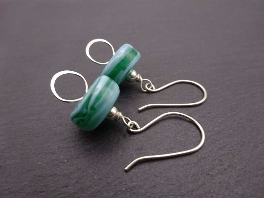 sterling silver earrings, green lampwork glass 