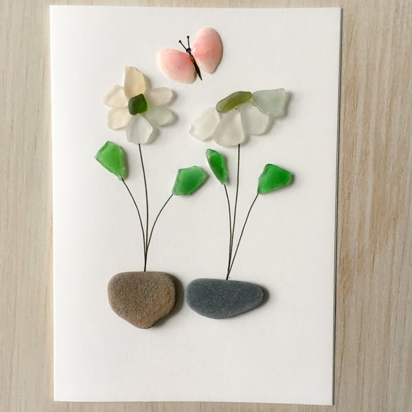Floral design greeting card made with shells, pebbles and sea glass from Cornwal