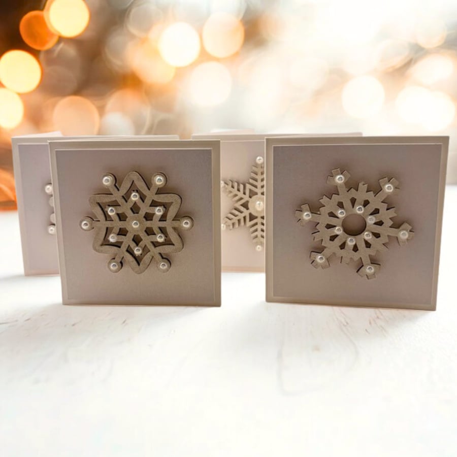 Elegant mini Snowflake Christmas Cards - Wooden & Pearl Boxed Set of 4