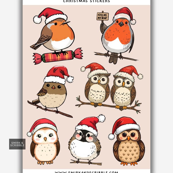 Funny Christmas Sticker Sheet - Cute Xmas Birds
