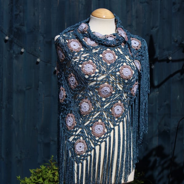 Crochet triangular shawl in sparkly silver, pink mix & teal - design LF433