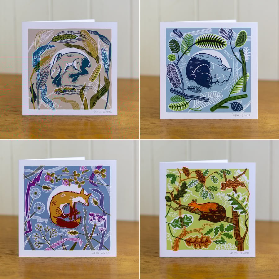 All four Sleeping Animal cards, blank inside