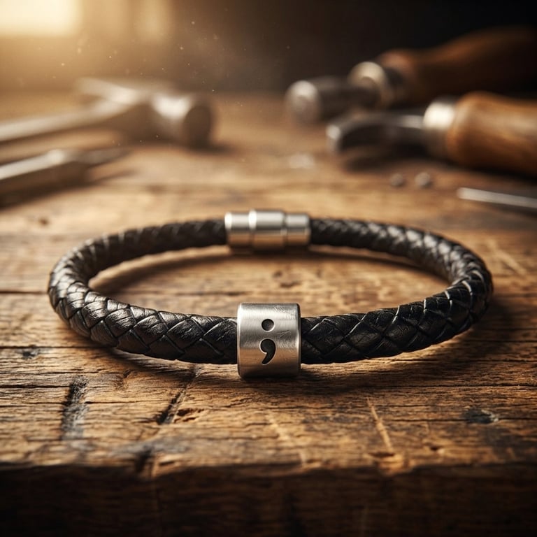 Leather Hand Stamped Semicolon Bracelet - Gift Boxed - Free Delivery