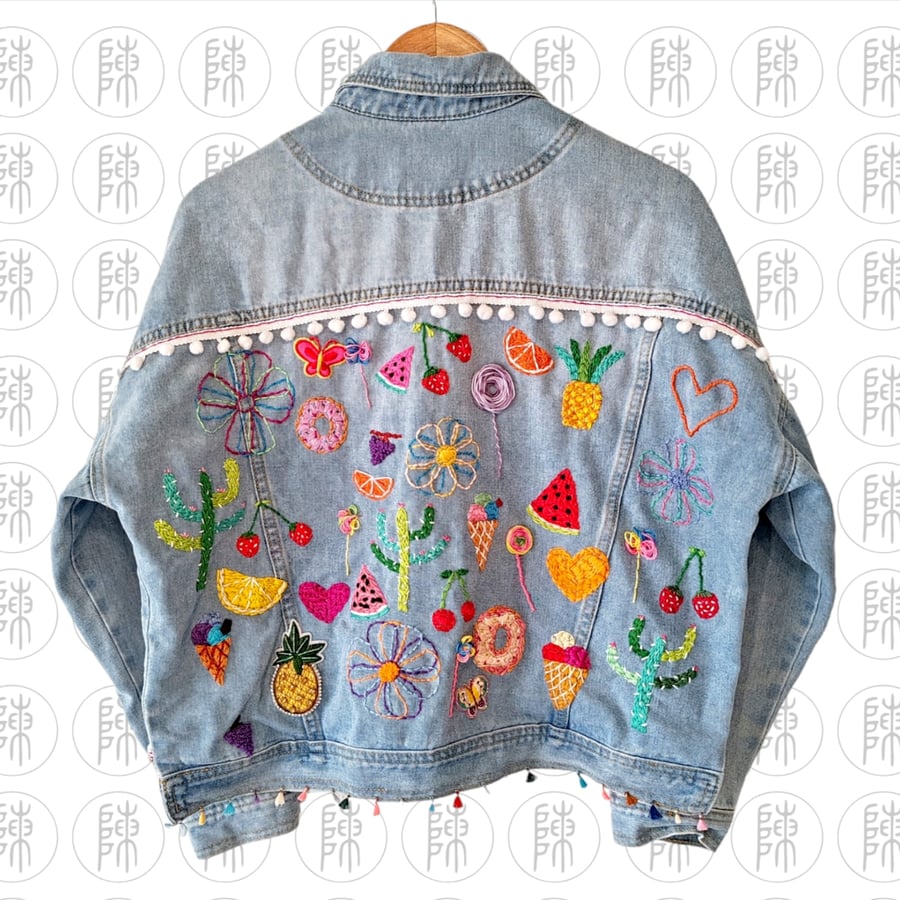 Forever 21 Rework Upcycle Multicolour Embroidery Denim Jacket