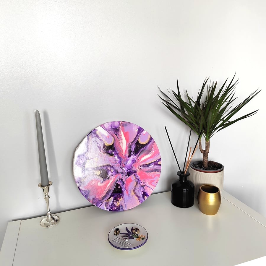 30cm Original Round Acrylic Fluid Art Abstract Painting on Canvas Acrylic Pour 