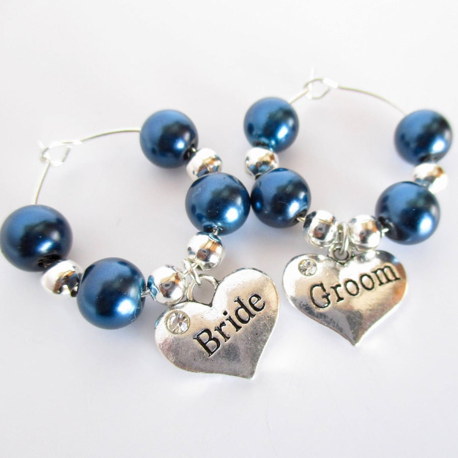 Personalised Bride and Groom Wine Glass Charms, Wedding Wine Tags Set