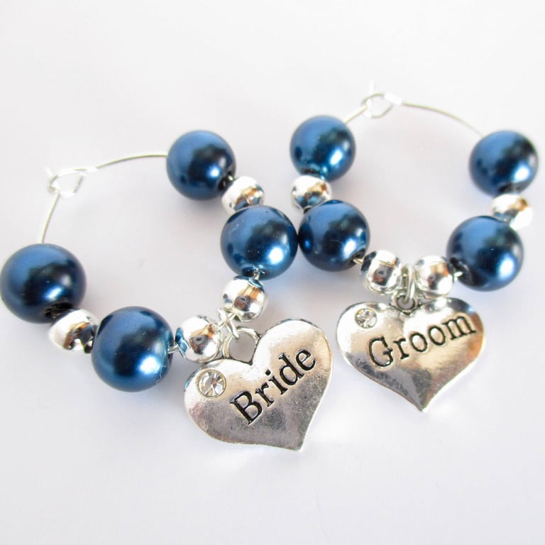 Personalised Bride and Groom Wine Glass Charms, Wedding Wine Tags Set