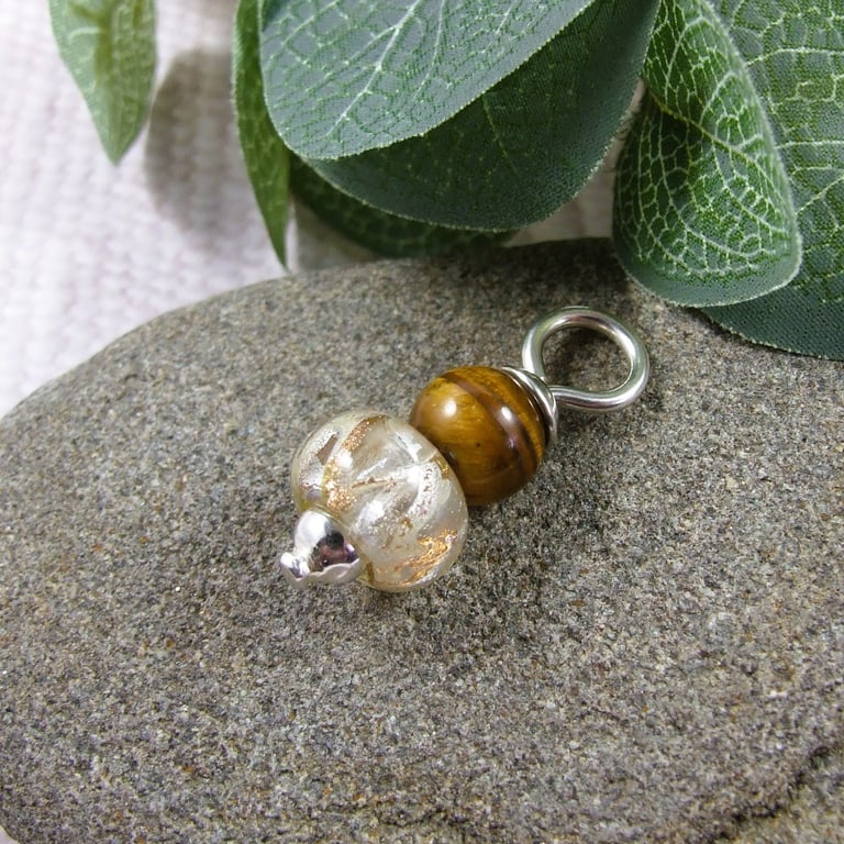 Golden Glass Bead Pendant, Sterling Silver with Tiger's Eye - Chain is Optional