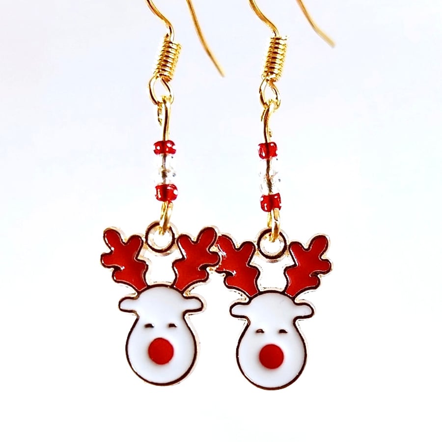 Christmas Earrings - Enamel Reindeer And Glass Beads - Free UK Delivery.