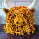 Highland Coo Crochet Cushion GOLD