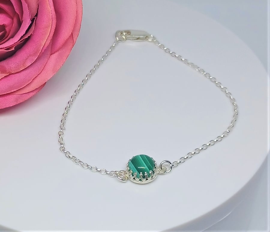 Malachite Cabochon Gemstone Sterling Silver Stacking Bracelet, Gemstone Bracelet