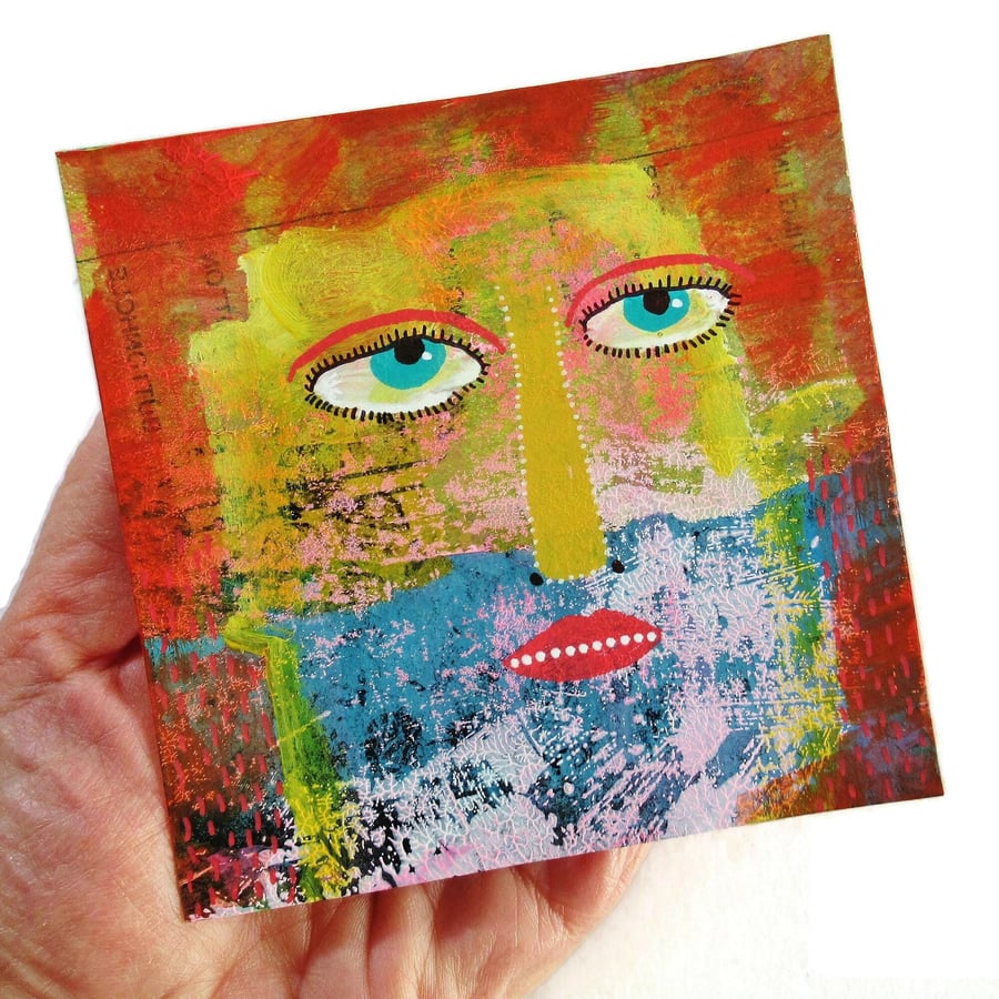 Small Original Outsider Folk Art Face Abstract OOAK Portrait 4x4 Inches