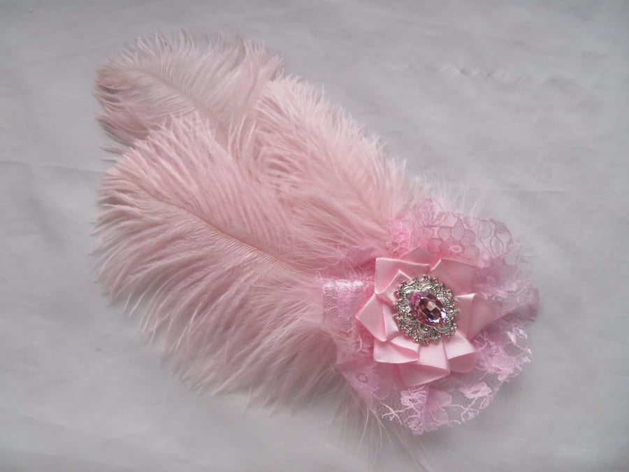 Pale Rose Pink & Silver Ostrich Feather Regency Style Headpiece Fascinator