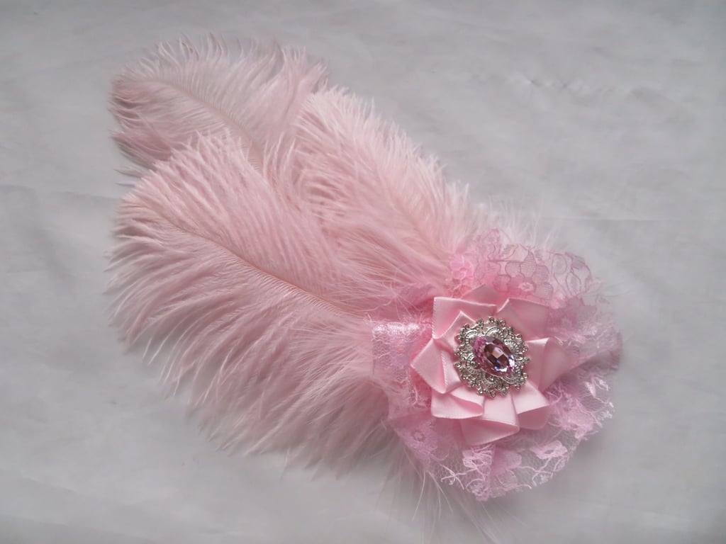 Pale Rose Pink & Silver Ostrich Feather Regency Style Headpiece Fascinator