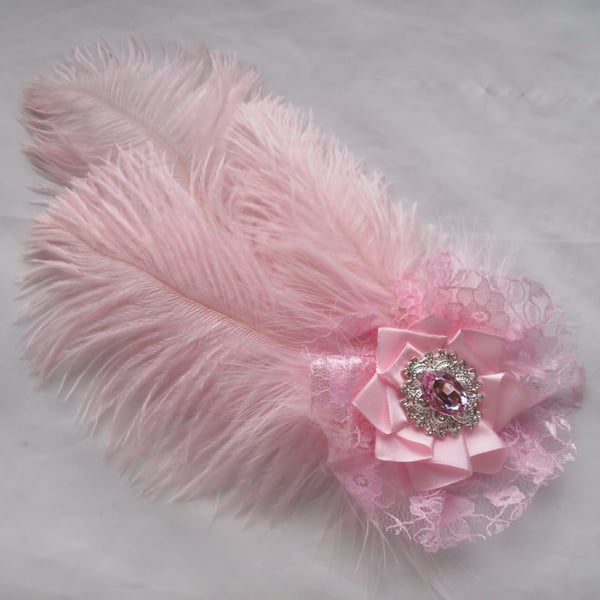 Pale Rose Pink & Silver Ostrich Feather Regency Style Headpiece Fascinator