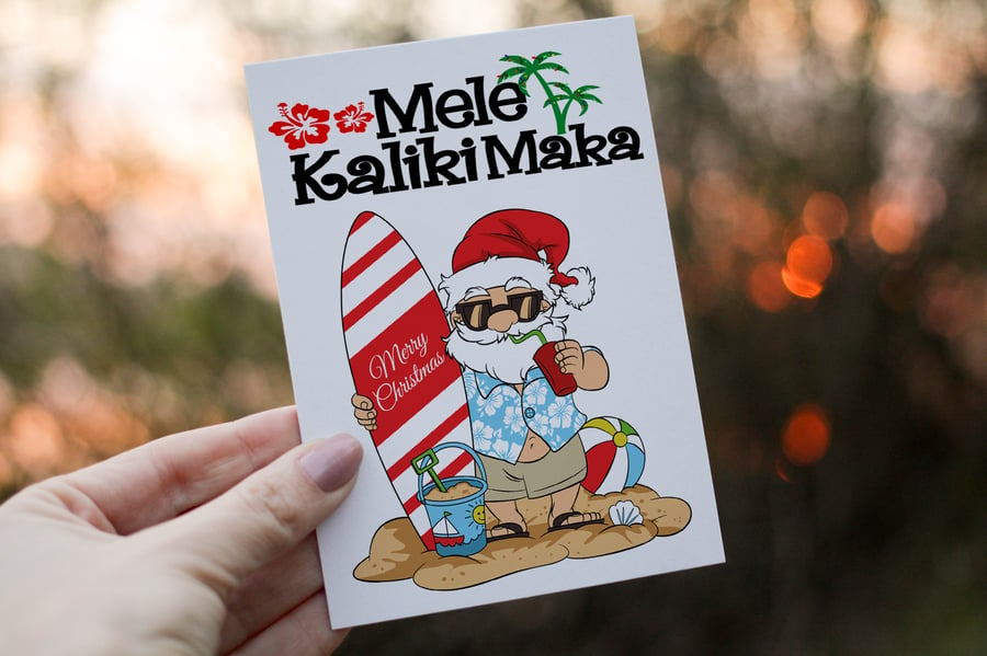 Hawaiian Santa Christmas Card, Santa Christmas Card, Surfing Santa Personalized 
