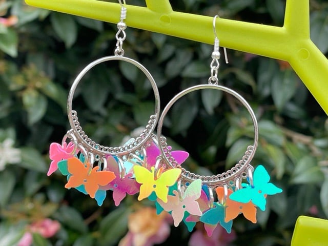 BUTTERFLY HOOPS holograph sequin festival rave kawaii cute silver plated