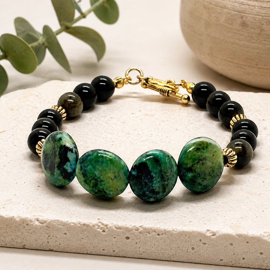Chrysocolla and Golden Sheen Obsidian Bracelet, 