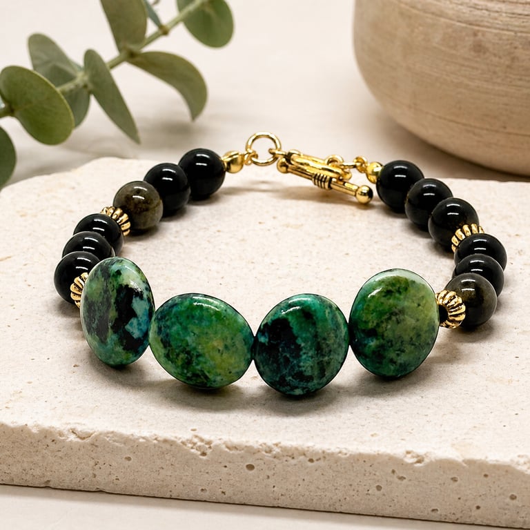 Chrysocolla and Golden Sheen Obsidian Bracelet, 