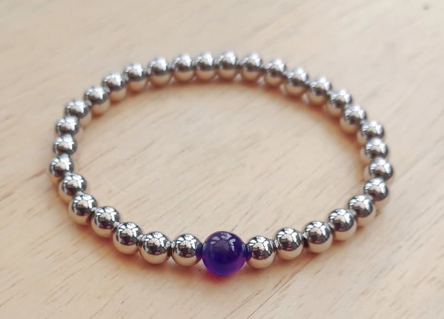 Stainless Steel & Amethyst Stretch Bracelet, 6mm and 8mm Beads February Stone