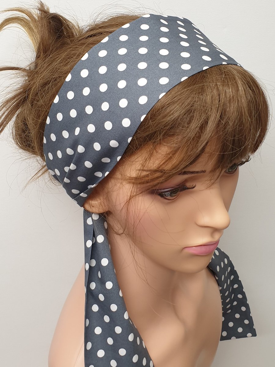 Grey polka dots tie back cotton Bohemian head scarf. 