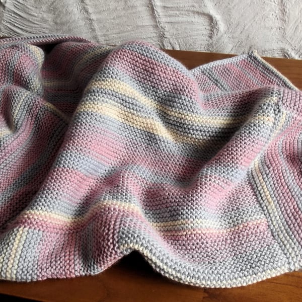 Hand knitted Log Cabin Style Cot Blanket, Pink and Grey, 26 x 39, hm9