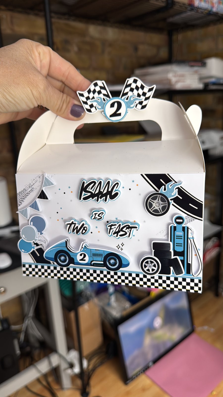 6 Personalised Blue Racing Car theme  party boxes, party bags
