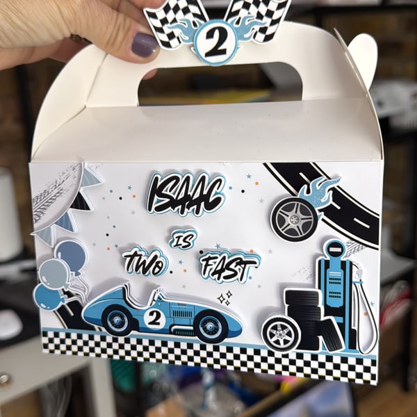 6 Personalised Blue Racing Car theme  party boxes, party bags