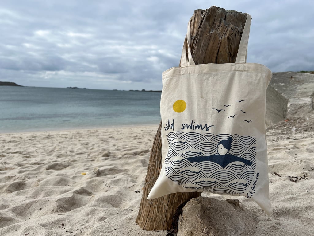 'Wild swims' screen printed cotton reusable tote bag