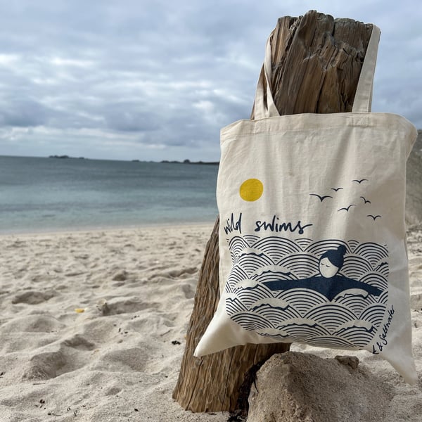 'Wild swims' screen printed cotton reusable tote bag