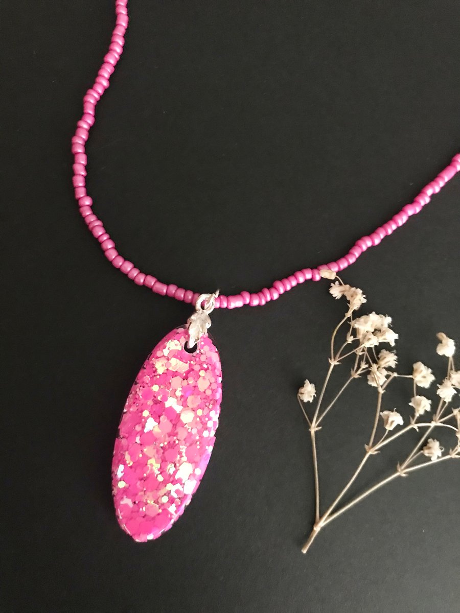 Handmade Ethereal Kawaii Pink Sparkles Pendant on Baby Pink Beaded Necklace
