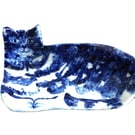 Handmade Ceramic Cat Dish: Blue & White Stoneware Trinket Holder
