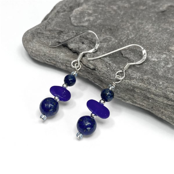 Blue Glass Earrings. Lapis Lazuli Crystal Dangly Earrings - Sterling Silver
