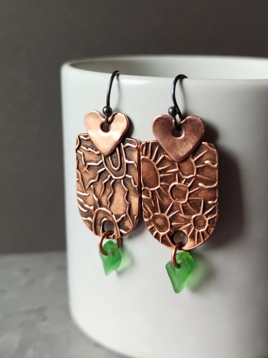 Copper and seaglass drop earrings, hearts, recycled material