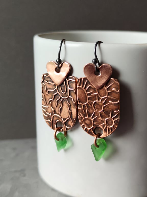 Copper and seaglass drop earrings, hearts, recycled material