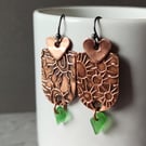 Copper and seaglass drop earrings, hearts, recycled material