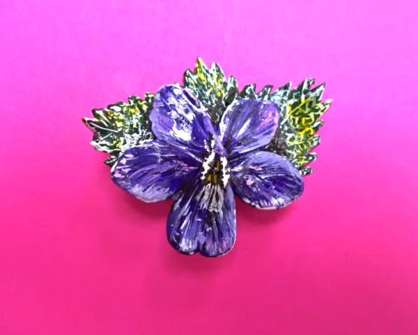 Handmade Large VIOLET BROOCH : Hand Painted Purple Viola Flower Lapel Pin