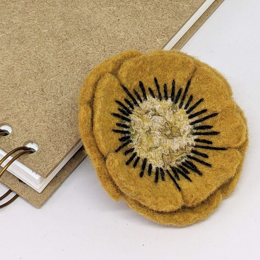 Felted flower brooch - mustard yellow anemone