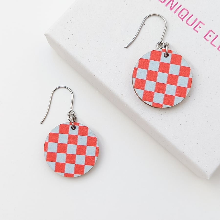 Chess Earrings Red Pale Blue Retro Design Wooden Jewellery