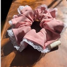 Oversized Pink Scrunchie with White Lace Trim